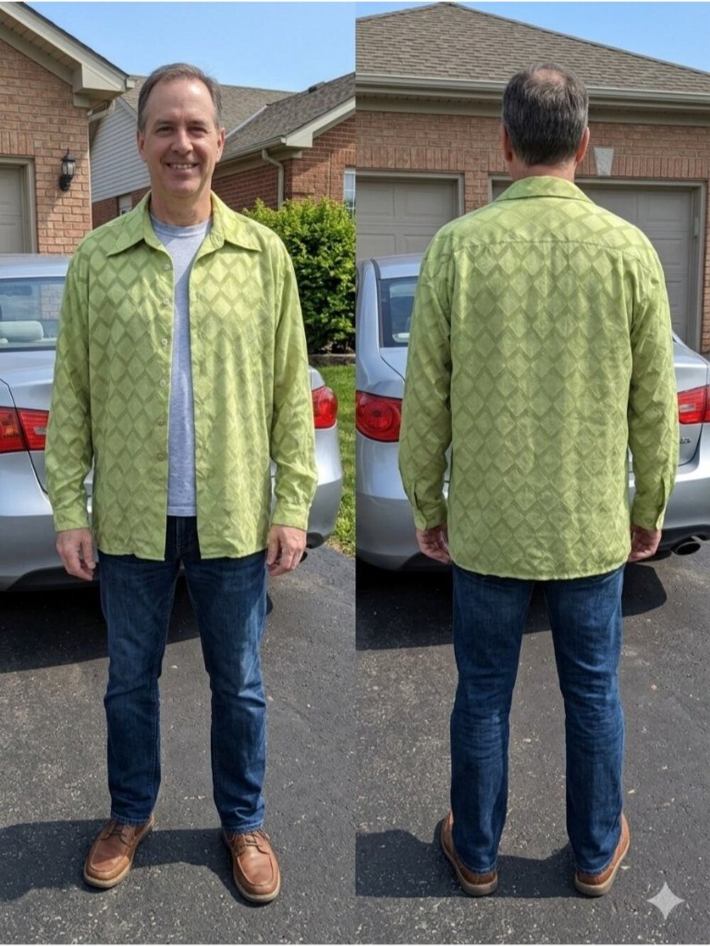 Winners Vintage 90s Clubwear Shirt XL Green Diamond Geo Textured Point Collar